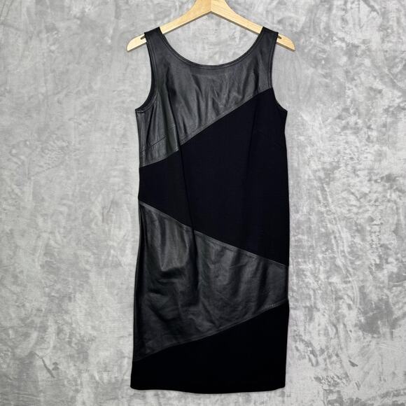 W by Worth Dress Womens 2 Black Genuine Leather Panel Sleeveless Sheath Modern - Picture 1 of 14